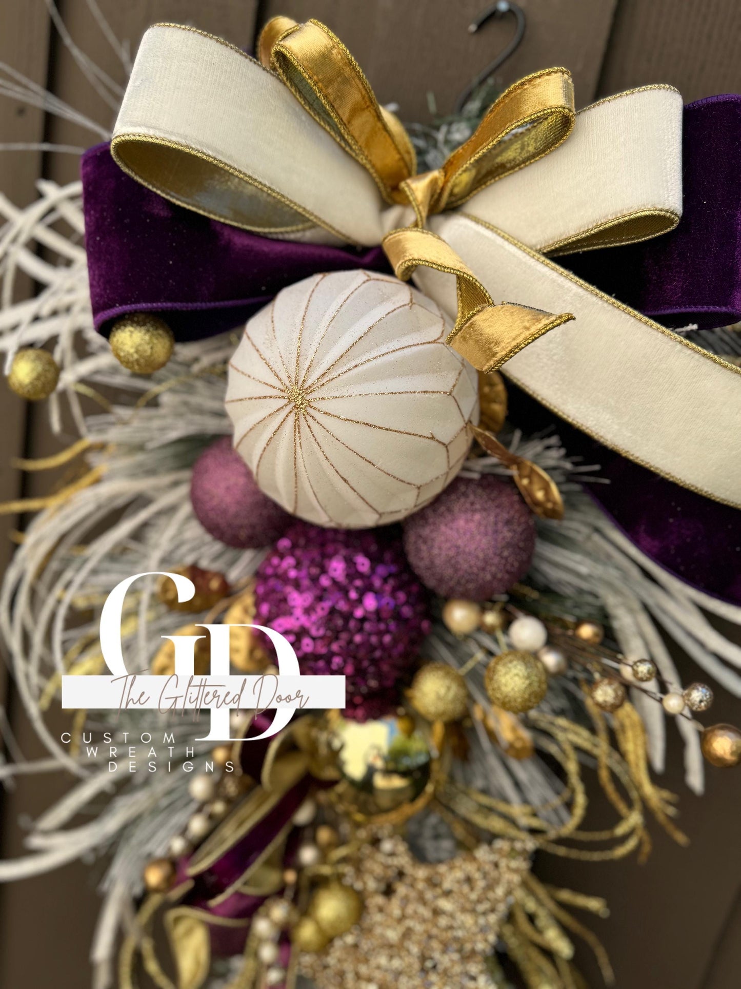 Purple White and Gold Christmas swag wreath Mardi Gras wreath Designer Ribbon Holiday wreath Holiday decor Christmas decor Gold Star wreath