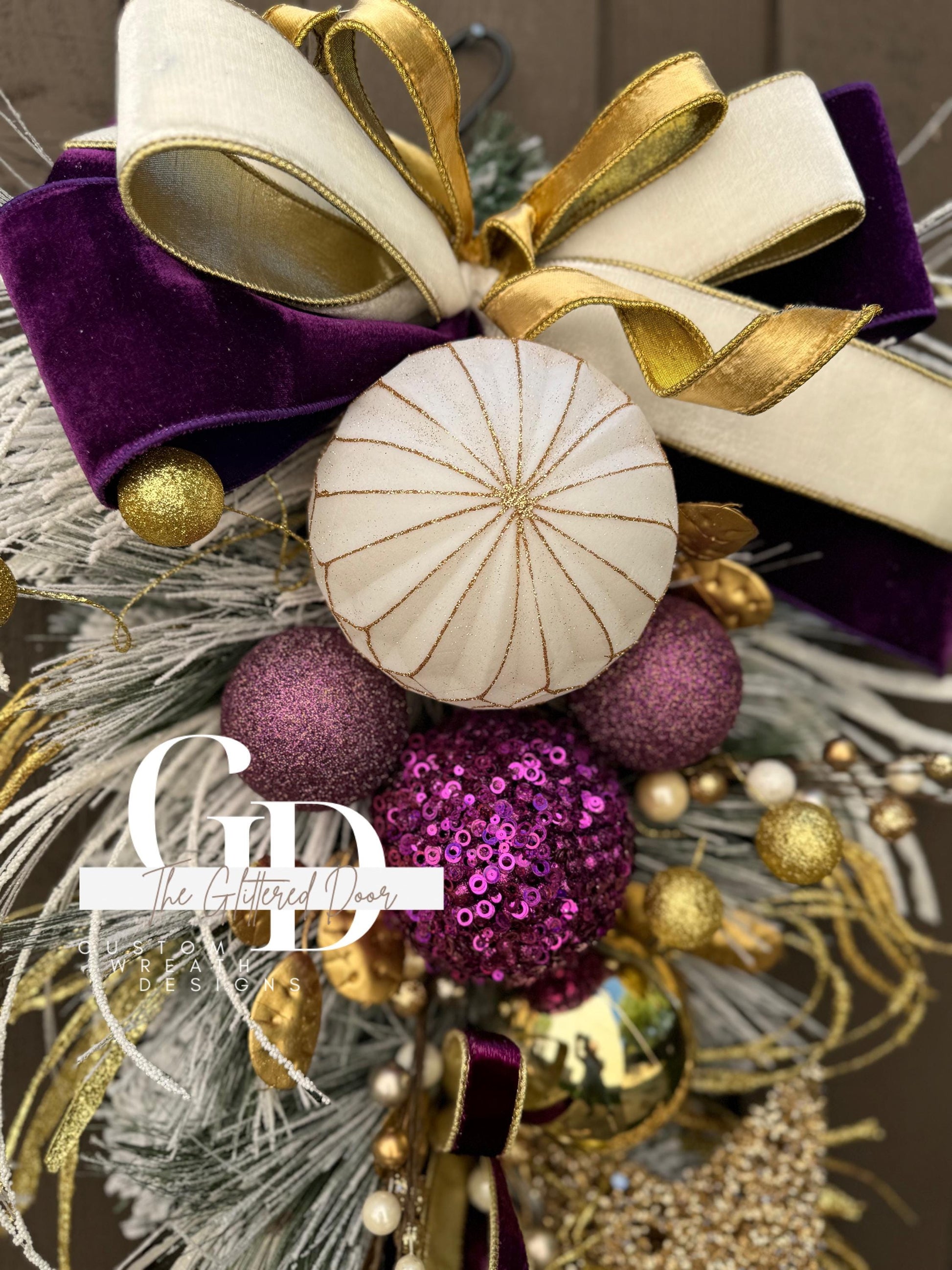 Purple White and Gold Christmas swag wreath Mardi Gras wreath Designer Ribbon Holiday wreath Holiday decor Christmas decor Gold Star wreath