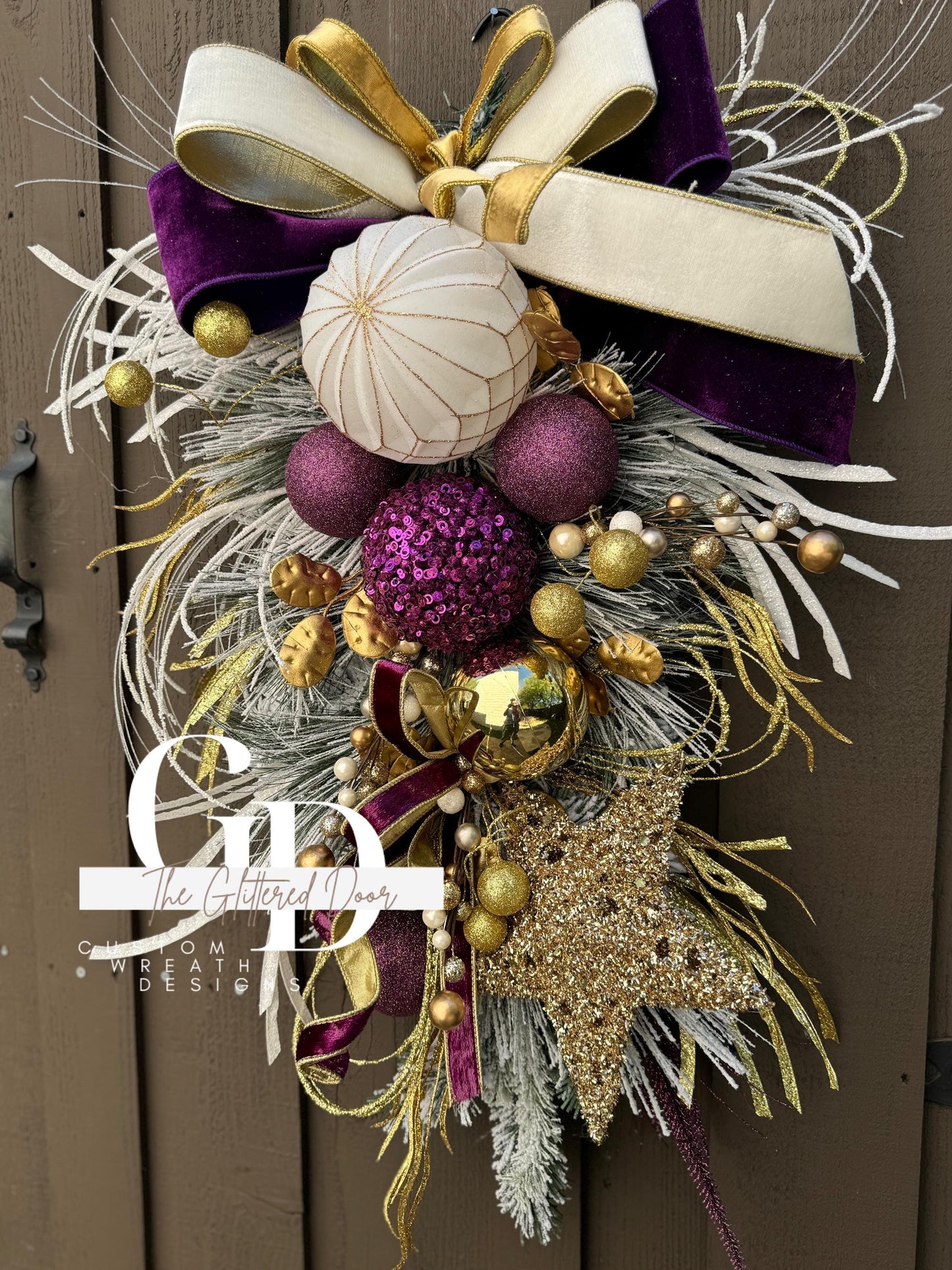 Purple White and Gold Christmas swag wreath Mardi Gras wreath Designer Ribbon Holiday wreath Holiday decor Christmas decor Gold Star wreath