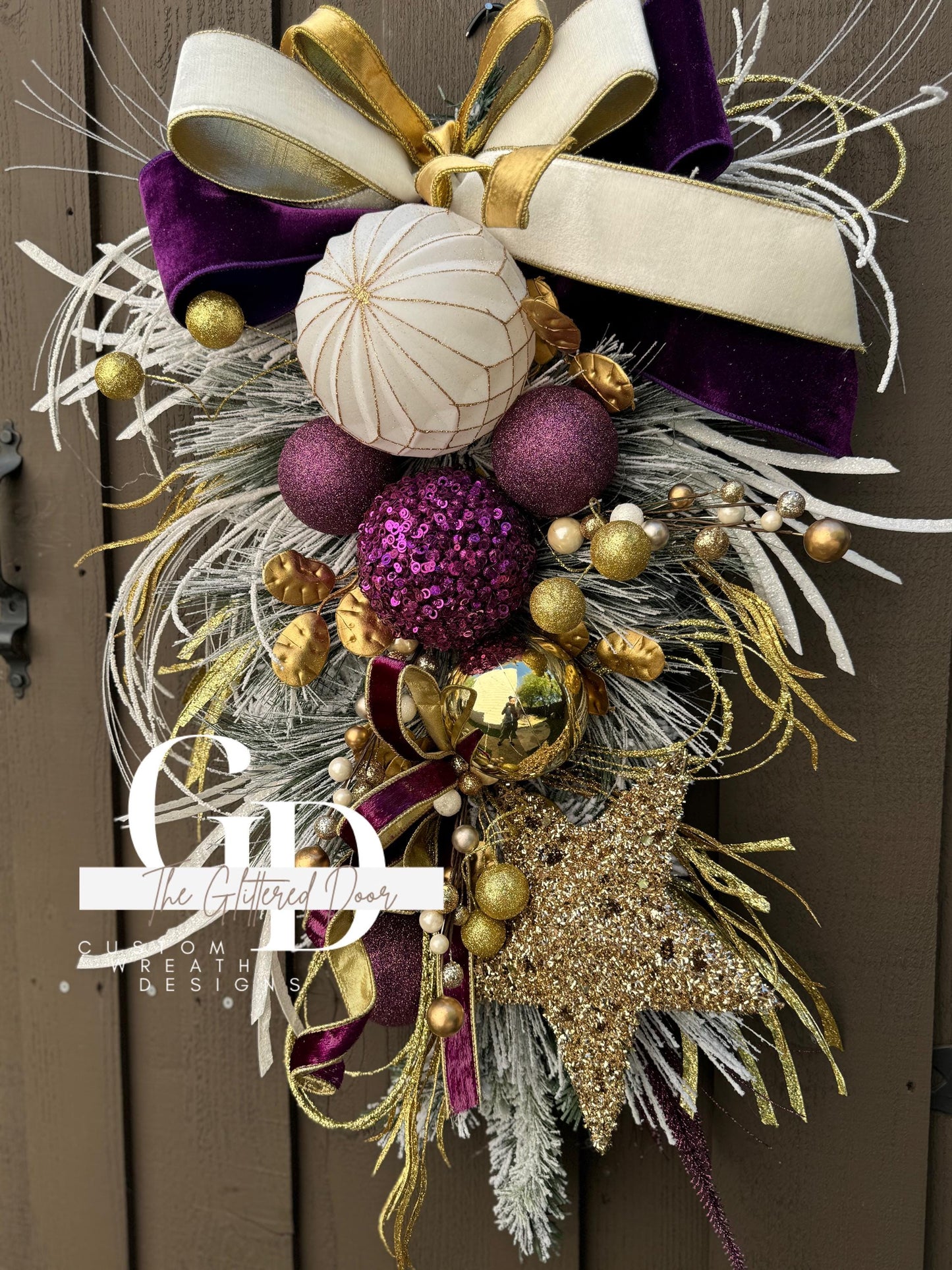 Purple White and Gold Christmas swag wreath Mardi Gras wreath Designer Ribbon Holiday wreath Holiday decor Christmas decor Gold Star wreath