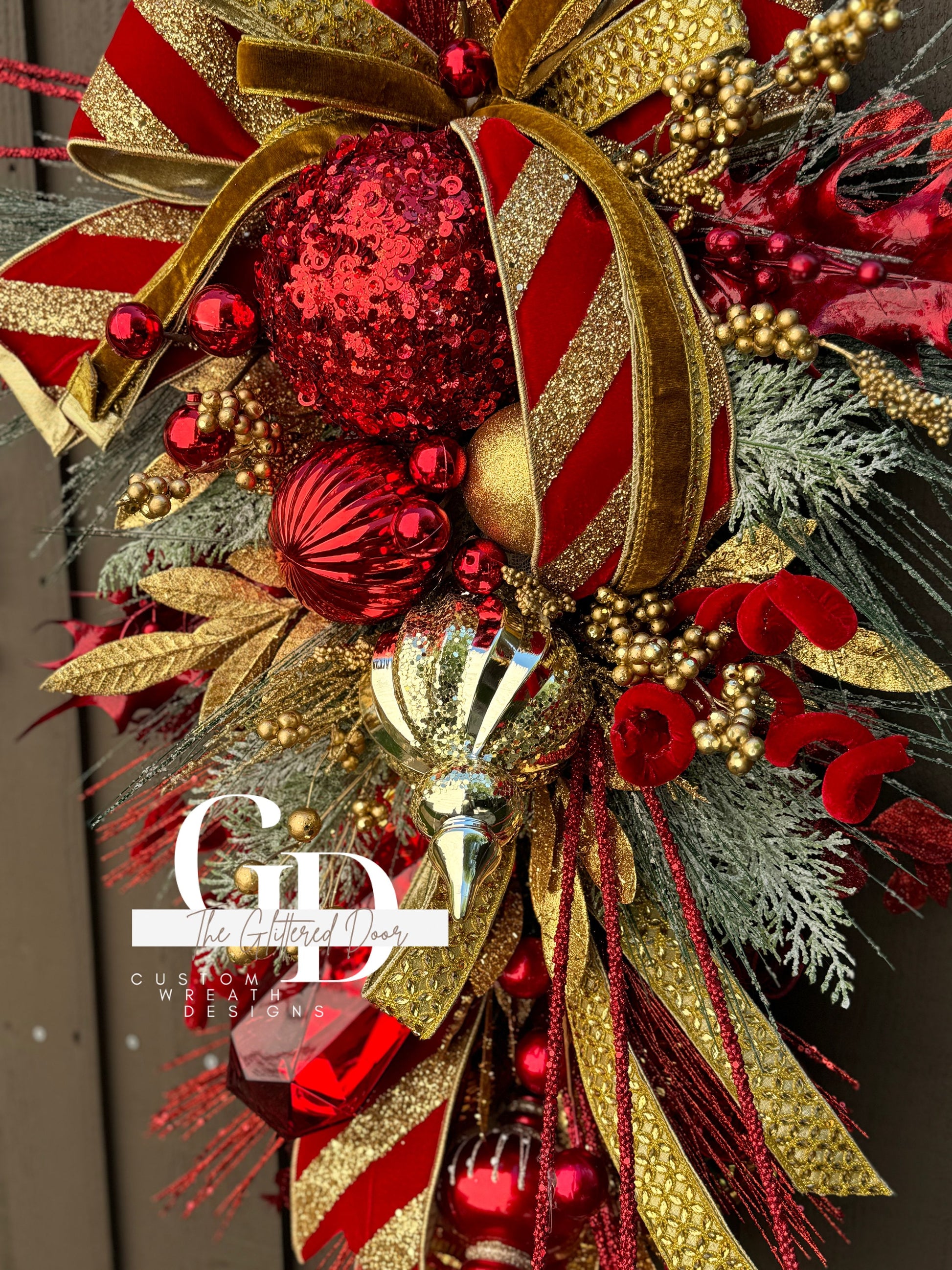 Gold and Red Classic Christmas glam XL swag wreath Jewel Ornament wreath Designer Ribbon Holiday wreath Holiday decor Christmas decor