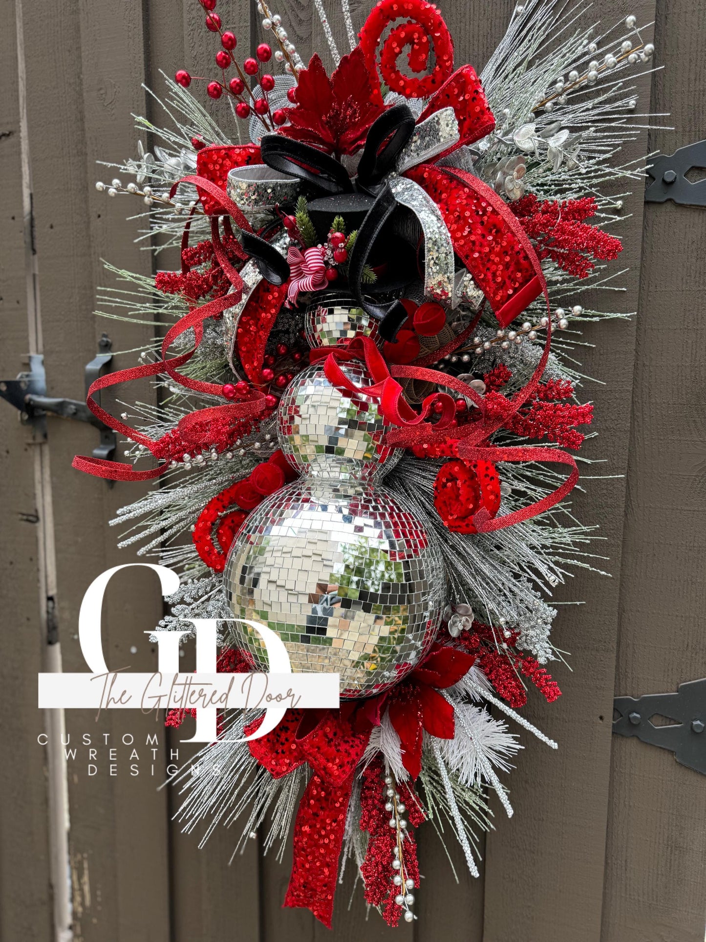 Red Silver Black Disco Ball Snowman swag wreath Christmas door wreath Christmas door decor Classic Holiday wreath Disco ball wreath