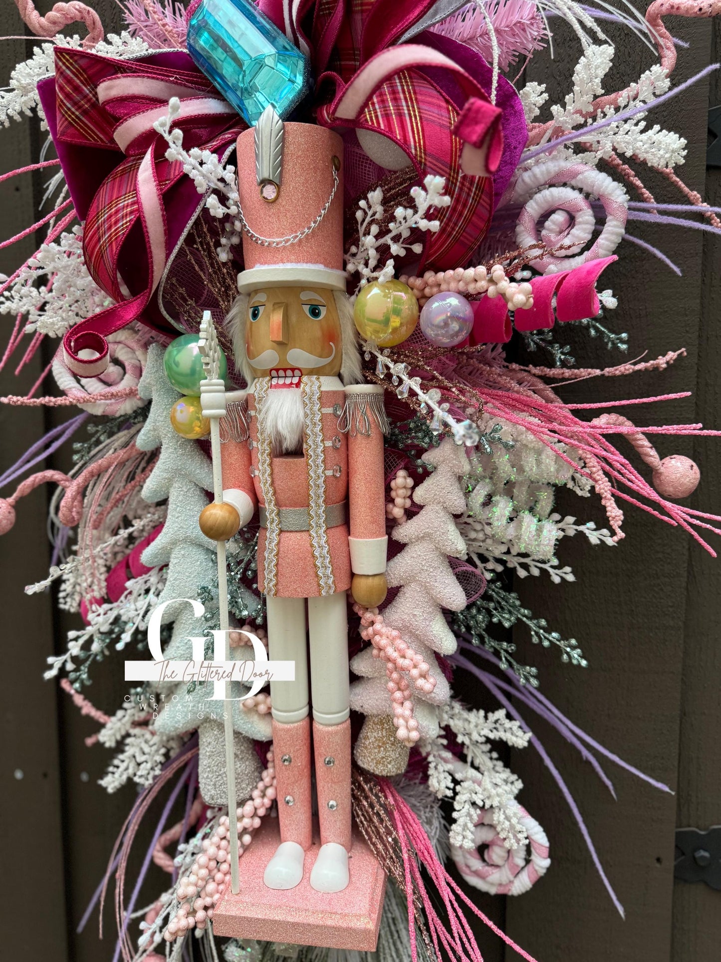 Pastel Pink Nutcracker Christmas XL swag wreath Jewel Ornament Christmas wreath Whimsical Holiday wreath Holiday decor Candyland wreath