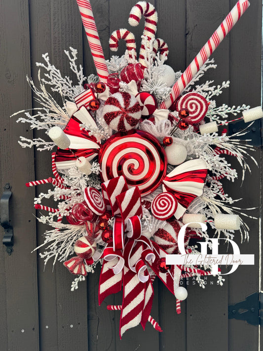 Candy Cane Ln Christmas swag wreath Red and White Christmas wreath Candyland Designer Ribbon Holiday wreath Holiday decor Christmas decor