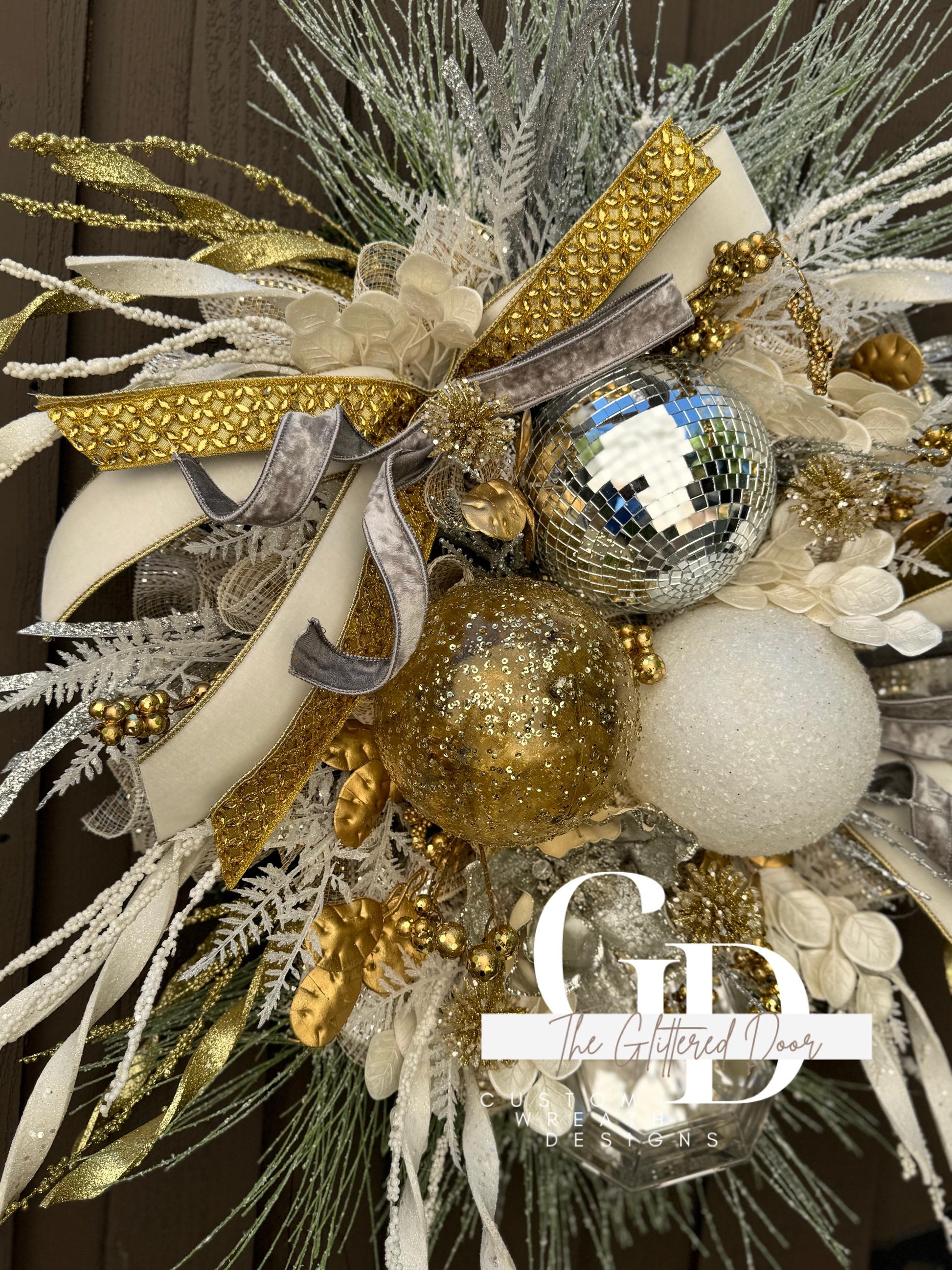 White Silver and Gold Disco Ball glam wreath Jewel Ornament wreath Elegant Christmas Wreath Designer Ribbon Holiday decor Christmas decor