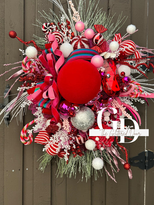 Pink & Red Christmas xl wreath Whimsical Christmas wreath Candy stripe Design Jewel Ornaments wreath Christmas door decor
