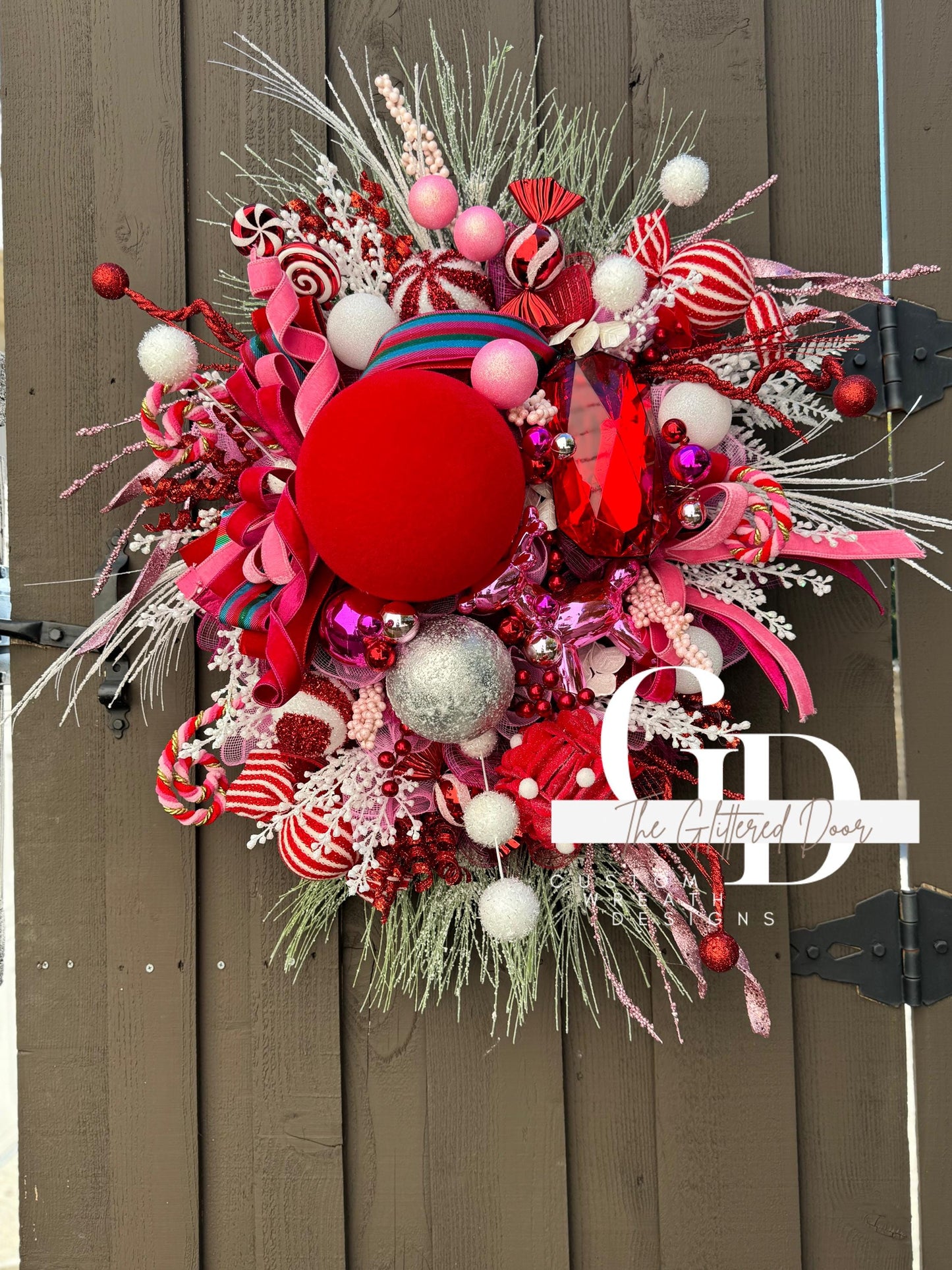 Pink & Red Christmas xl wreath Whimsical Christmas wreath Candy stripe Design Jewel Ornaments wreath Christmas door decor