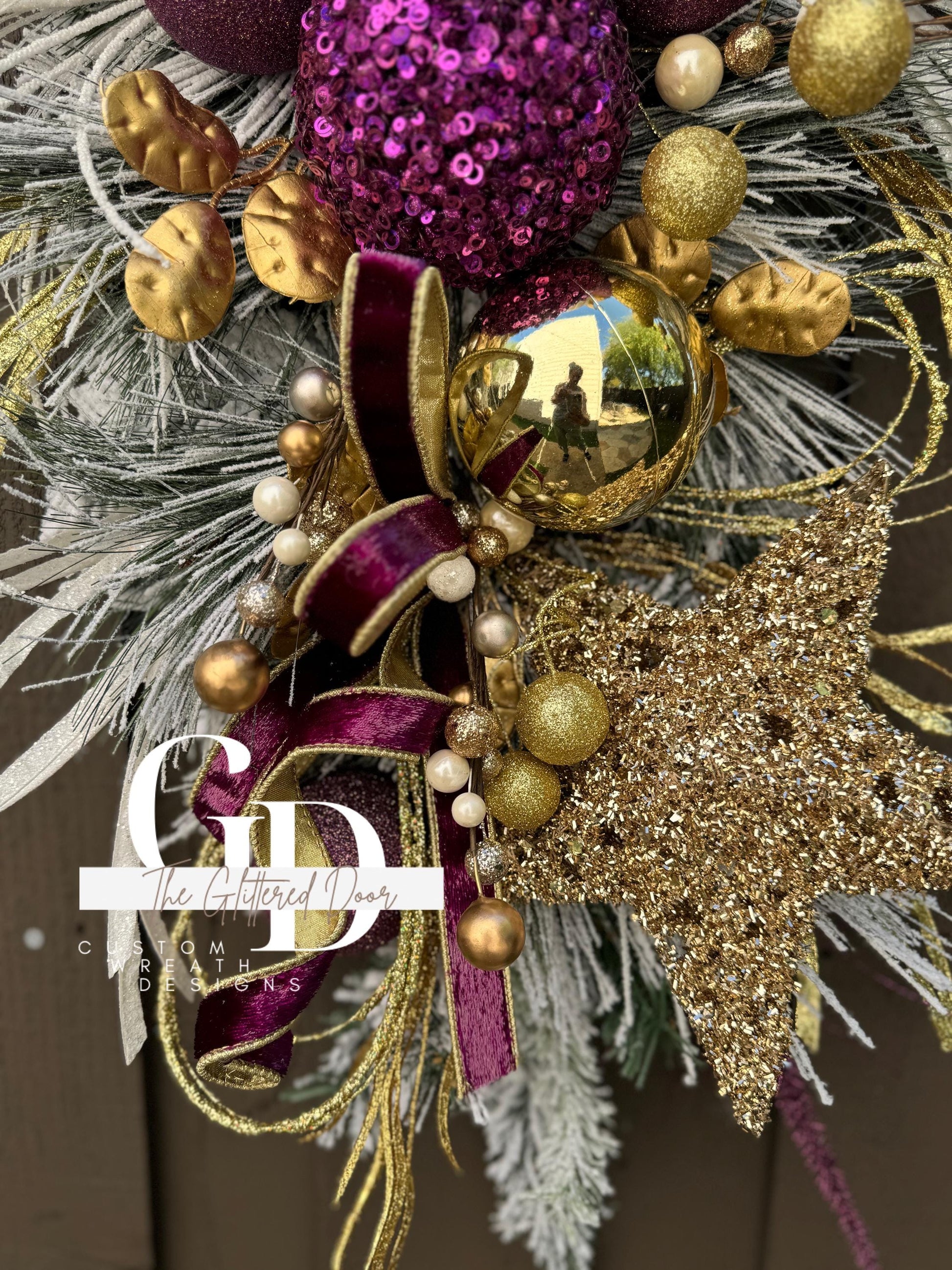 Purple White and Gold Christmas swag wreath Mardi Gras wreath Designer Ribbon Holiday wreath Holiday decor Christmas decor Gold Star wreath