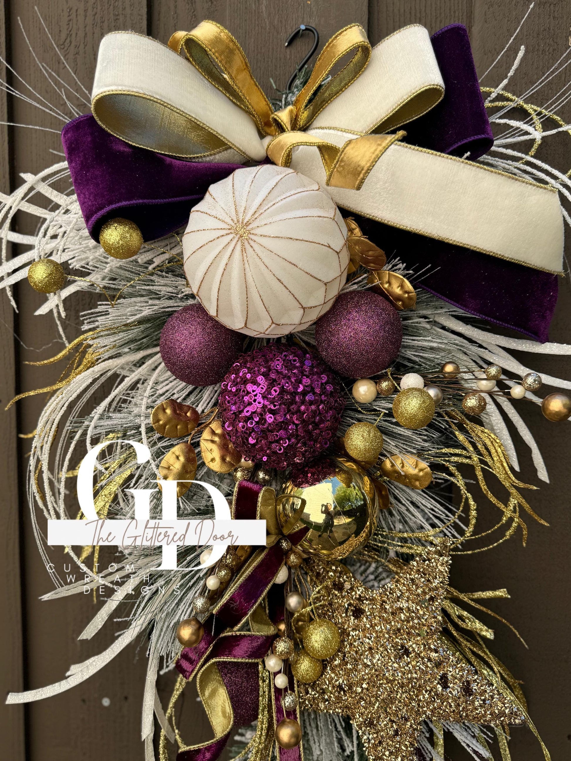 Purple White and Gold Christmas swag wreath Mardi Gras wreath Designer Ribbon Holiday wreath Holiday decor Christmas decor Gold Star wreath