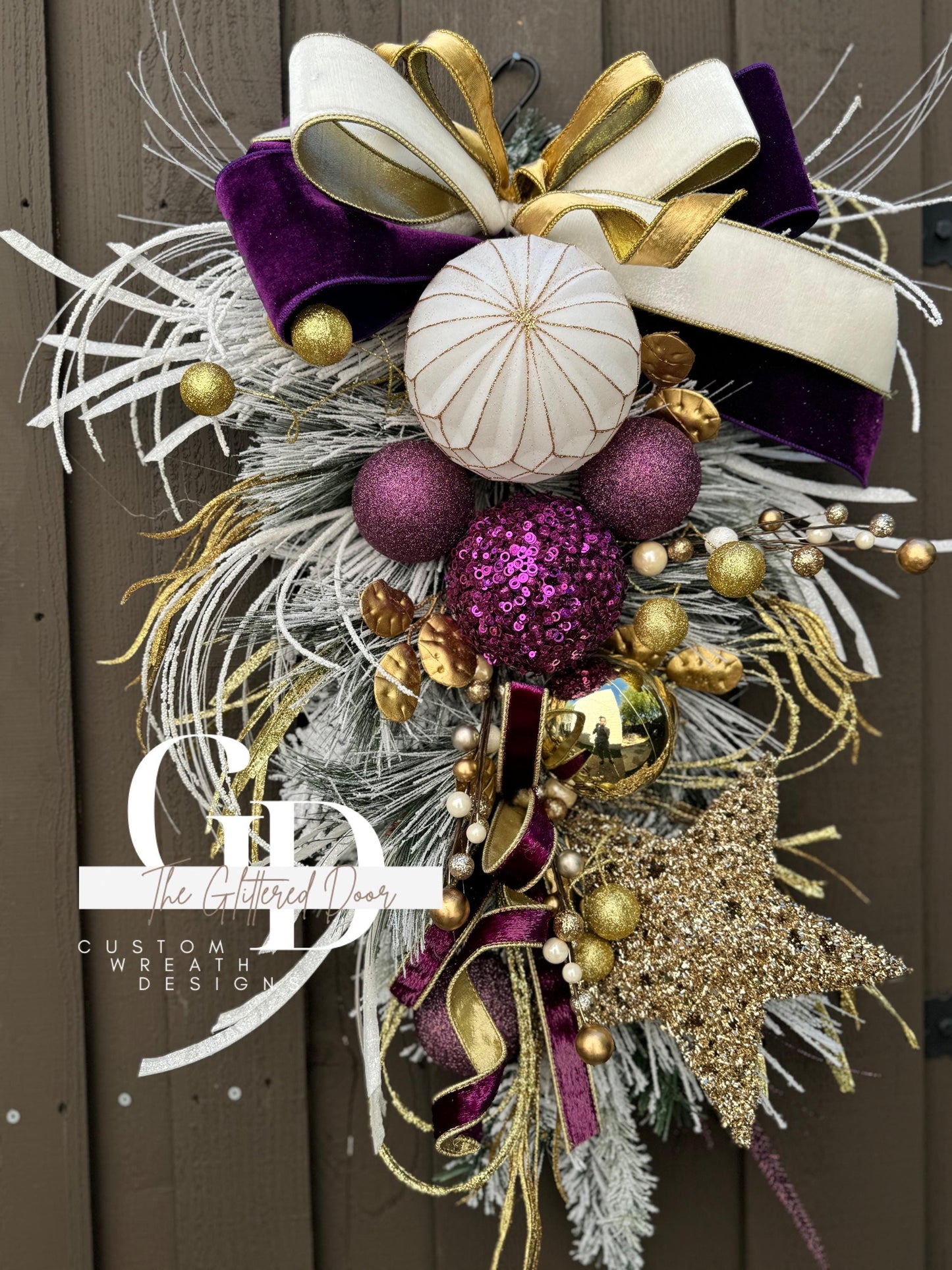 Purple White and Gold Christmas swag wreath Mardi Gras wreath Designer Ribbon Holiday wreath Holiday decor Christmas decor Gold Star wreath