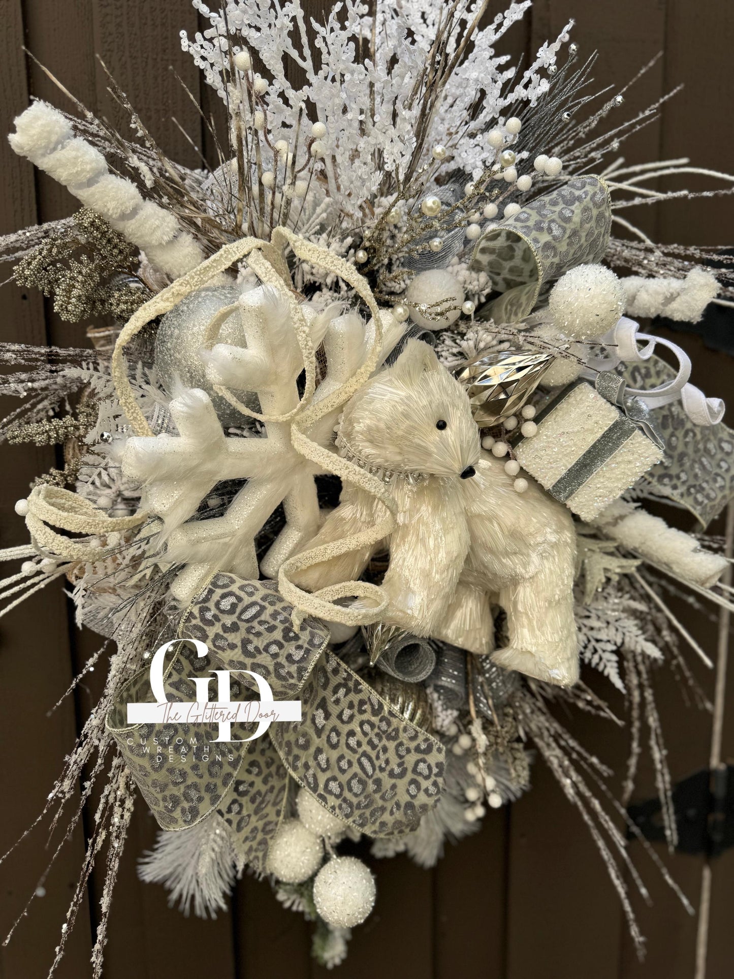 White Winter Wonderland Snowflake Christmas Wreath Rustic Natural glam wreath Polar Bear Christmas wreath Flocked wreath Christmas Decor