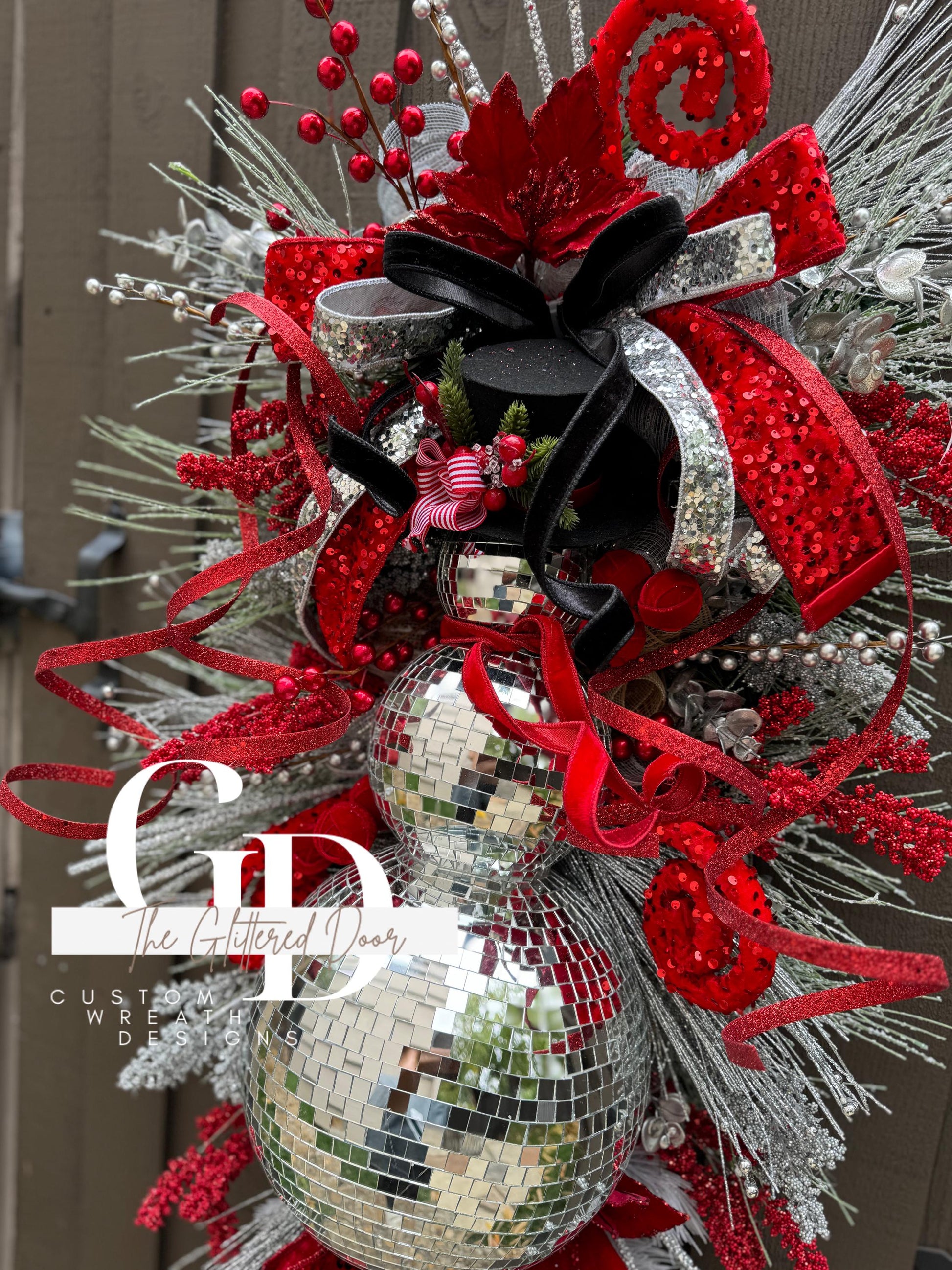 Red Silver Black Disco Ball Snowman swag wreath Christmas door wreath Christmas door decor Classic Holiday wreath Disco ball wreath