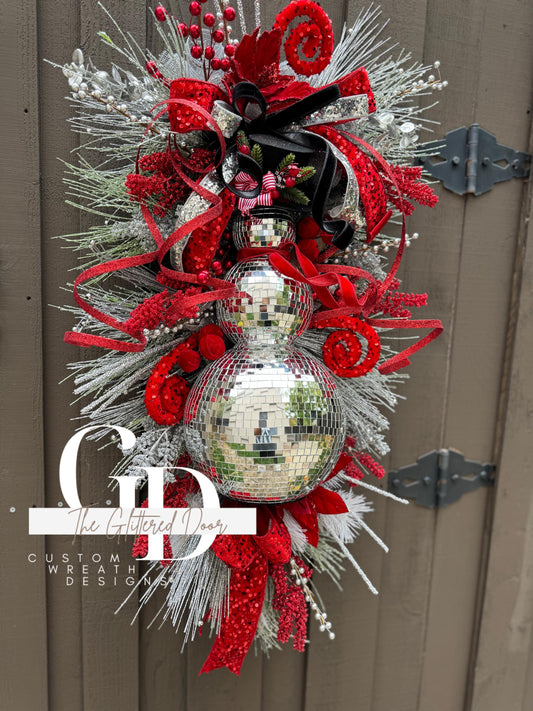 Red Silver Black Disco Ball Snowman swag wreath Christmas door wreath Christmas door decor Classic Holiday wreath Disco ball wreath