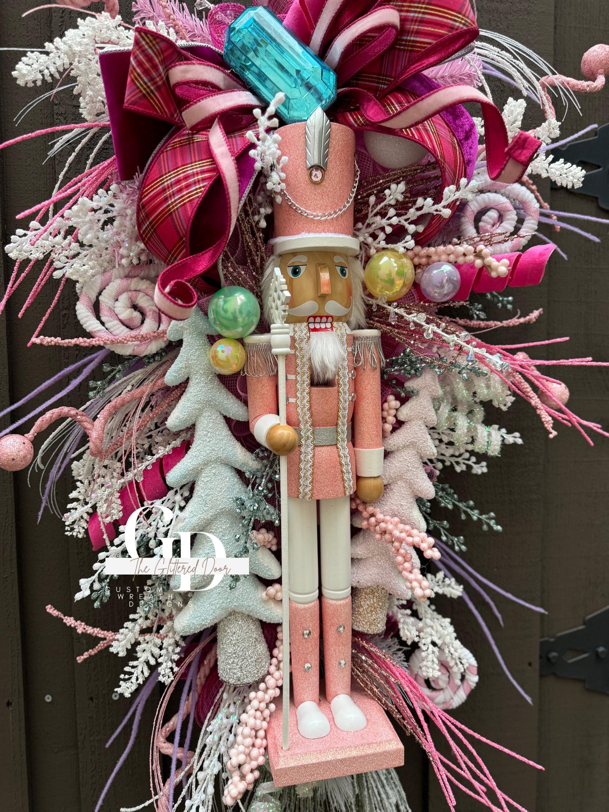 Pastel Pink Nutcracker Christmas XL swag wreath Jewel Ornament Christmas wreath Whimsical Holiday wreath Holiday decor Candyland wreath