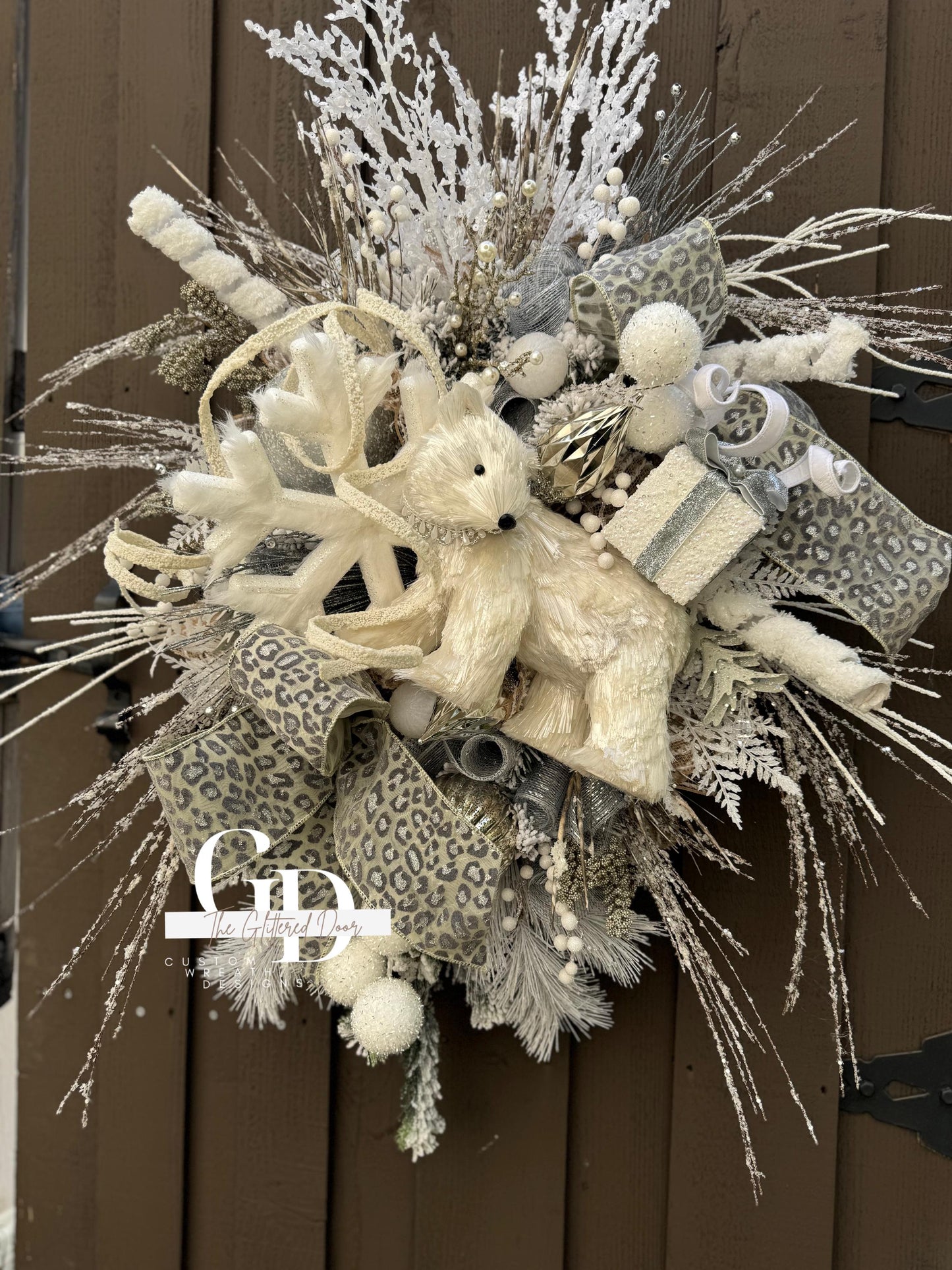 White Winter Wonderland Snowflake Christmas Wreath Rustic Natural glam wreath Polar Bear Christmas wreath Flocked wreath Christmas Decor