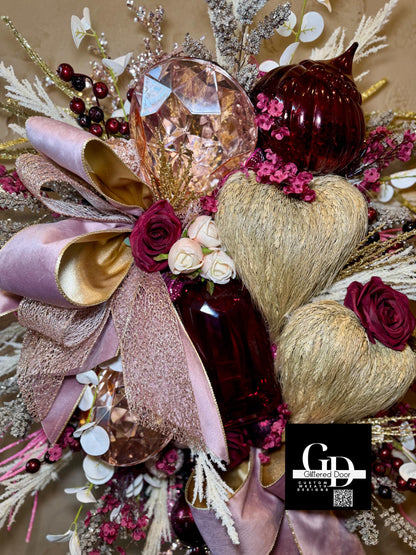 Valentines Day Wreath with Blush Pink and Burgundy Jewel Ornaments - Elegant XL Holiday Decor for Romantic Winter Style