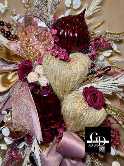 Valentines Day Wreath with Blush Pink and Burgundy Jewel Ornaments - Elegant XL Holiday Decor for Romantic Winter Style
