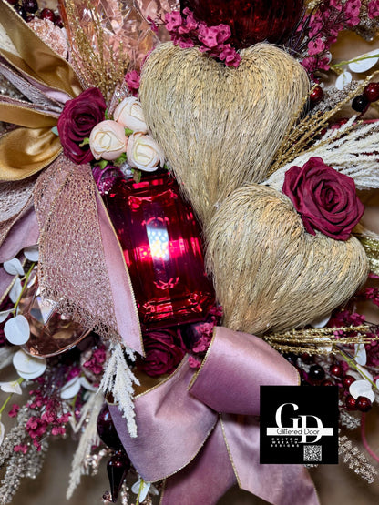 Valentines Day Wreath with Blush Pink and Burgundy Jewel Ornaments - Elegant XL Holiday Decor for Romantic Winter Style