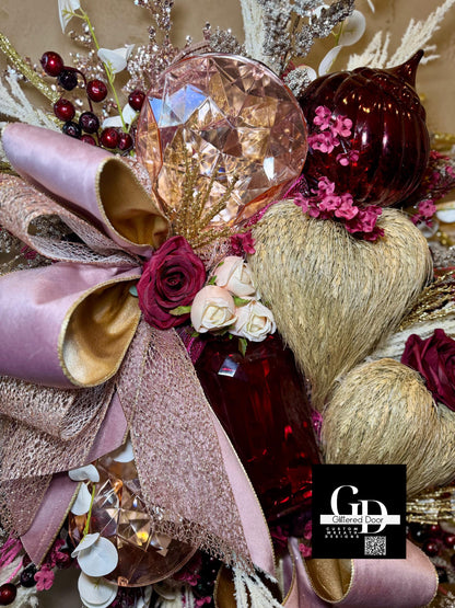 Valentines Day Wreath with Blush Pink and Burgundy Jewel Ornaments - Elegant XL Holiday Decor for Romantic Winter Style