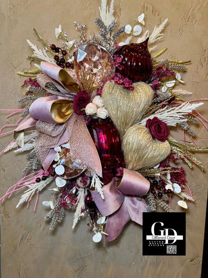 Valentines Day Wreath with Blush Pink and Burgundy Jewel Ornaments - Elegant XL Holiday Decor for Romantic Winter Style