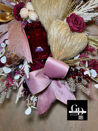 Valentines Day Wreath with Blush Pink and Burgundy Jewel Ornaments - Elegant XL Holiday Decor for Romantic Winter Style