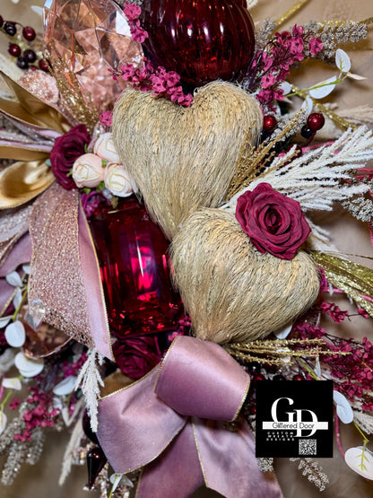 Valentines Day Wreath with Blush Pink and Burgundy Jewel Ornaments - Elegant XL Holiday Decor for Romantic Winter Style