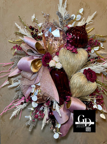 Valentines Day Wreath with Blush Pink and Burgundy Jewel Ornaments - Elegant XL Holiday Decor for Romantic Winter Style