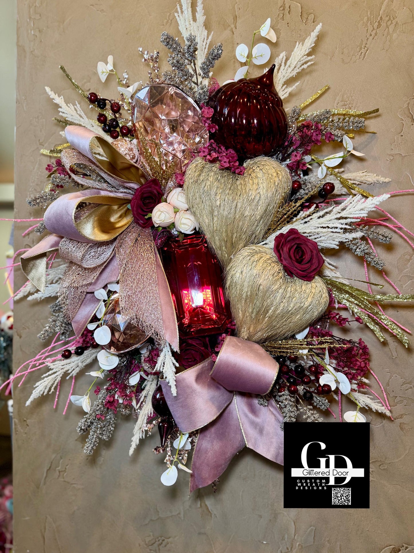 Valentines Day Wreath with Blush Pink and Burgundy Jewel Ornaments - Elegant XL Holiday Decor for Romantic Winter Style