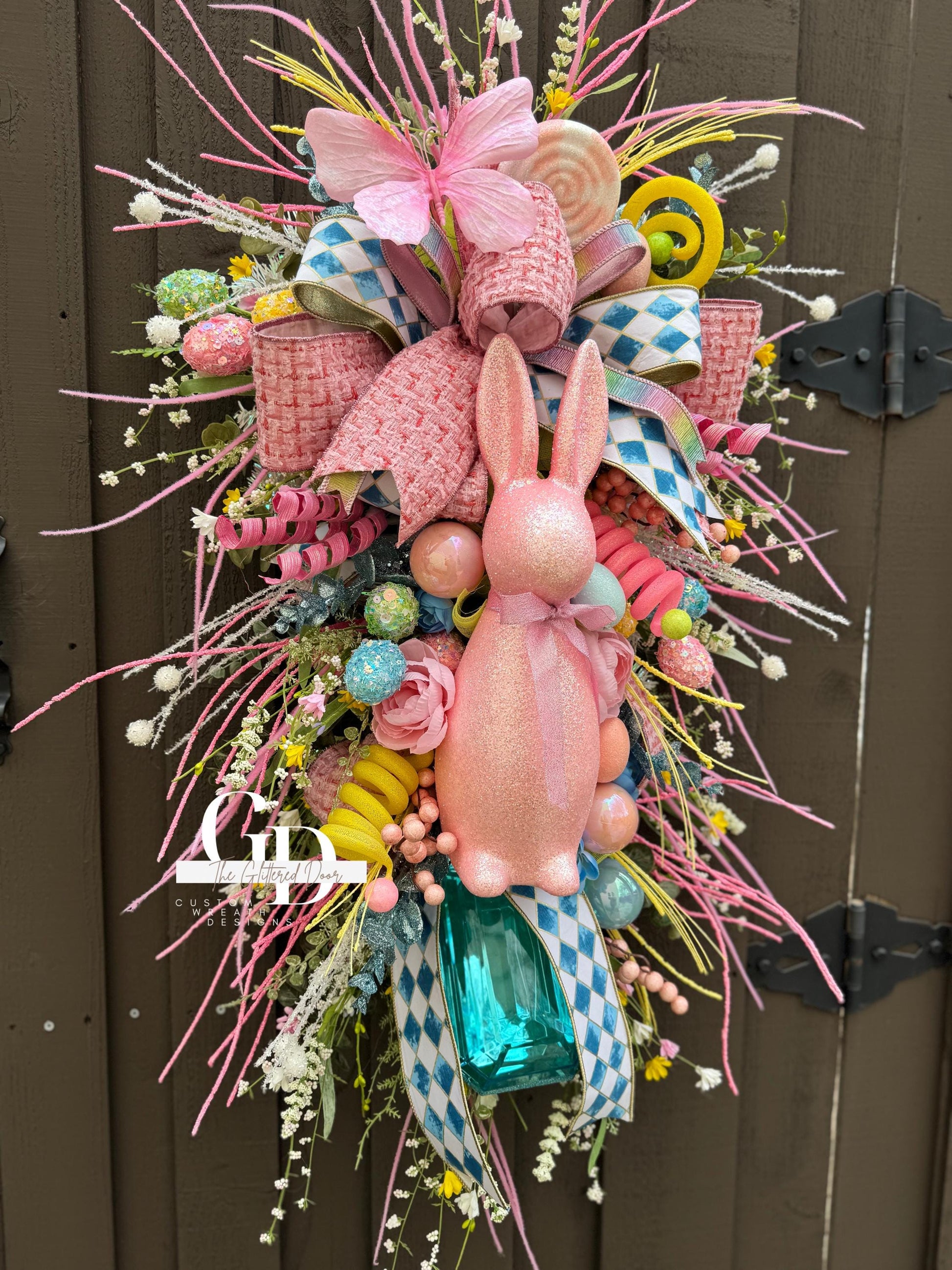Easter/Spring Bunny Swag Wreath Pink and Blue Front Door Wreath Glam Spring Decor Xl wreath for door Spring wreath Easter Decor