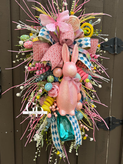 Easter/Spring Bunny Swag Wreath Pink and Blue Front Door Wreath Glam Spring Decor Xl wreath for door Spring wreath Easter Decor