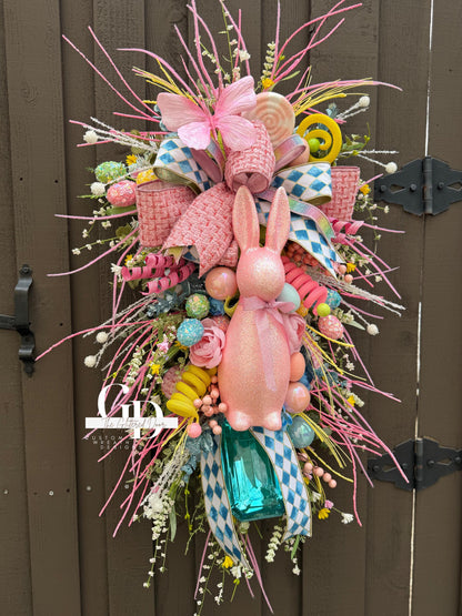 Easter/Spring Bunny Swag Wreath Pink and Blue Front Door Wreath Glam Spring Decor Xl wreath for door Spring wreath Easter Decor