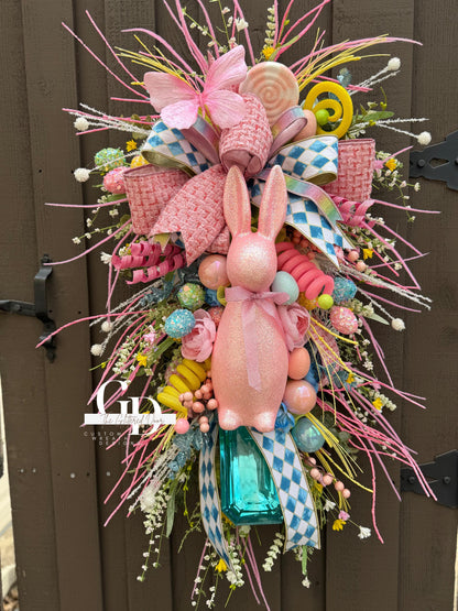 Easter/Spring Bunny Swag Wreath Pink and Blue Front Door Wreath Glam Spring Decor Xl wreath for door Spring wreath Easter Decor