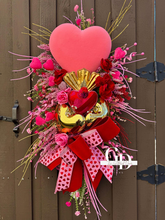 Valentines Day Pink and Red swag wreath Glam wreath Holiday decor Heart wreath for winter Valentines decor Elegant wreath
