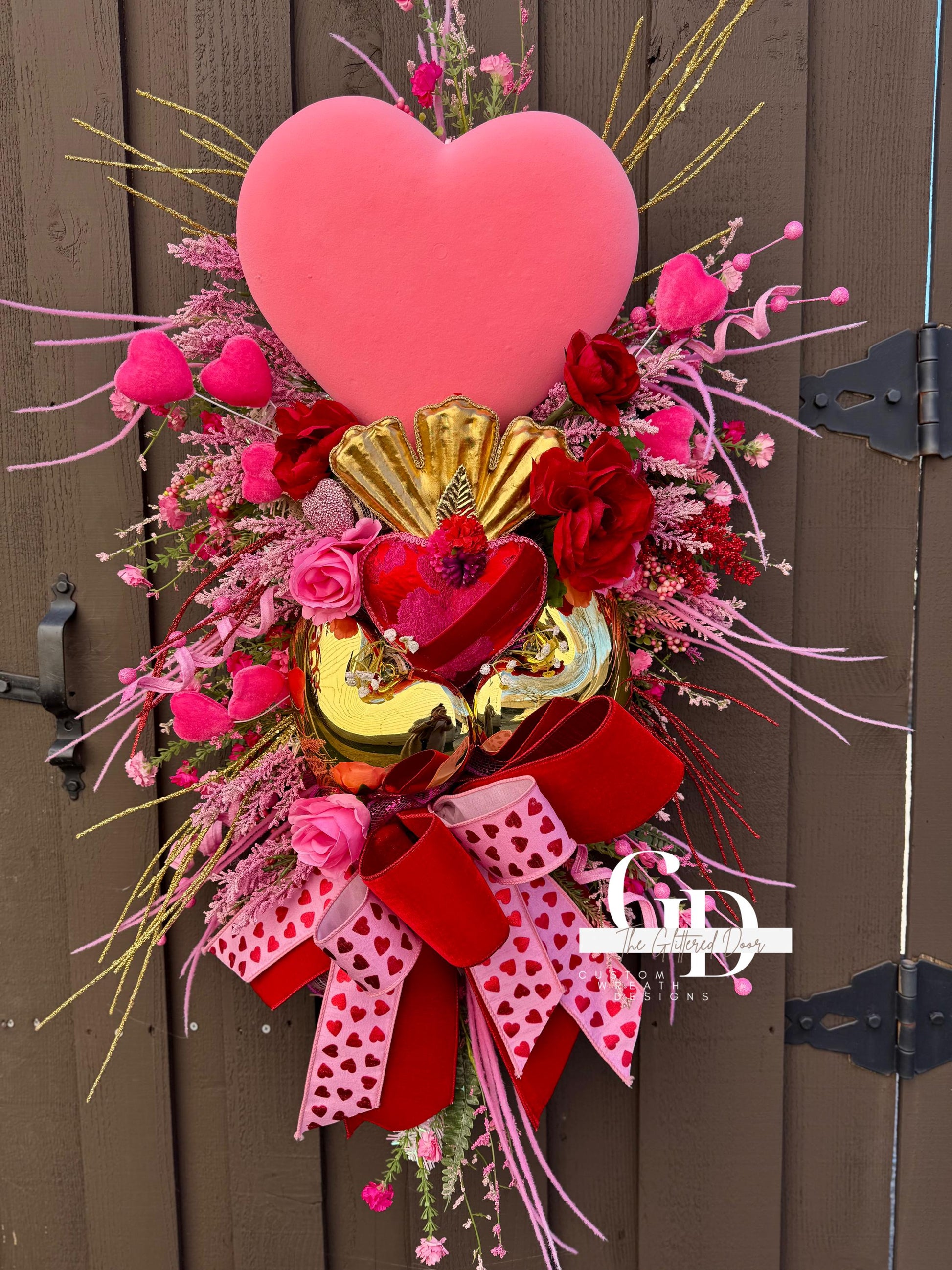 Valentines Day Pink and Red swag wreath Glam wreath Holiday decor Heart wreath for winter Valentines decor Elegant wreath