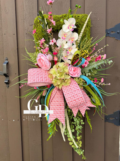 Easter Pink Moss Wreath for Front Door Spring Decor - Elegant Floral Spring Wreath for Easter Glam Decoration