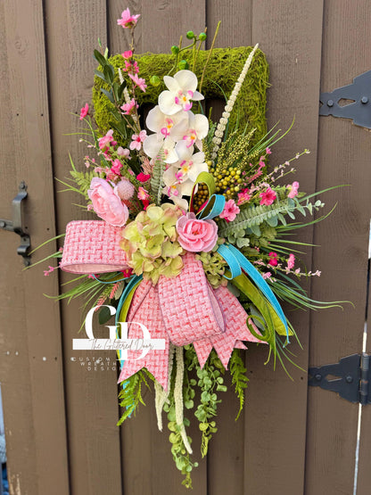 Easter Pink Moss Wreath for Front Door Spring Decor - Elegant Floral Spring Wreath for Easter Glam Decoration
