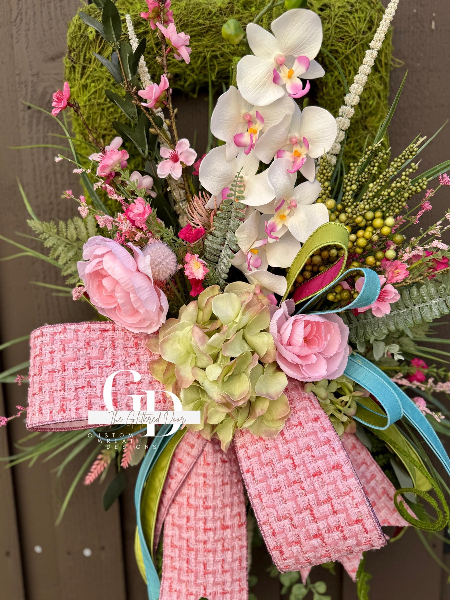Easter Pink Moss Wreath for Front Door Spring Decor - Elegant Floral Spring Wreath for Easter Glam Decoration