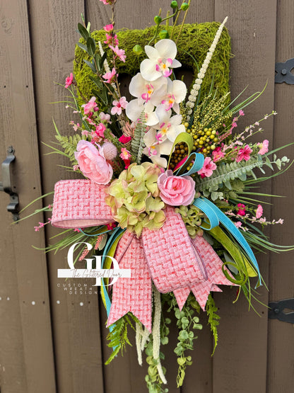 Easter Pink Moss Wreath for Front Door Spring Decor - Elegant Floral Spring Wreath for Easter Glam Decoration