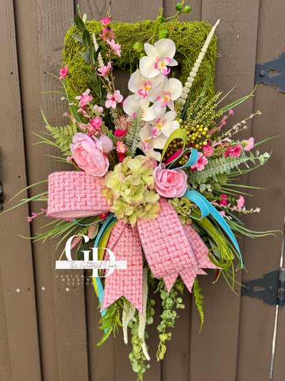 Easter Pink Moss Wreath for Front Door Spring Decor - Elegant Floral Spring Wreath for Easter Glam Decoration