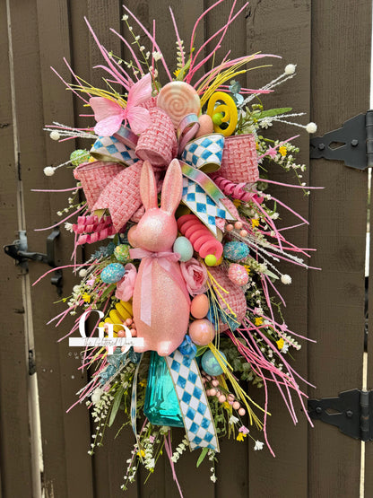 Easter/Spring Bunny Swag Wreath Pink and Blue Front Door Wreath Glam Spring Decor Xl wreath for door Spring wreath Easter Decor