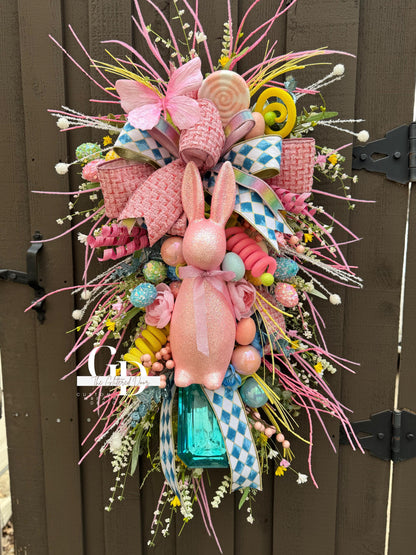 Easter/Spring Bunny Swag Wreath Pink and Blue Front Door Wreath Glam Spring Decor Xl wreath for door Spring wreath Easter Decor