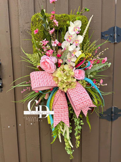 Easter Pink Moss Wreath for Front Door Spring Decor - Elegant Floral Spring Wreath for Easter Glam Decoration