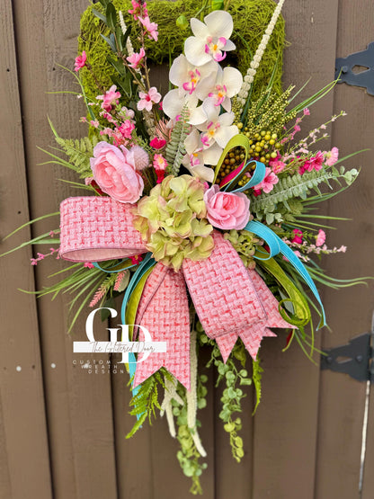 Easter Pink Moss Wreath for Front Door Spring Decor - Elegant Floral Spring Wreath for Easter Glam Decoration