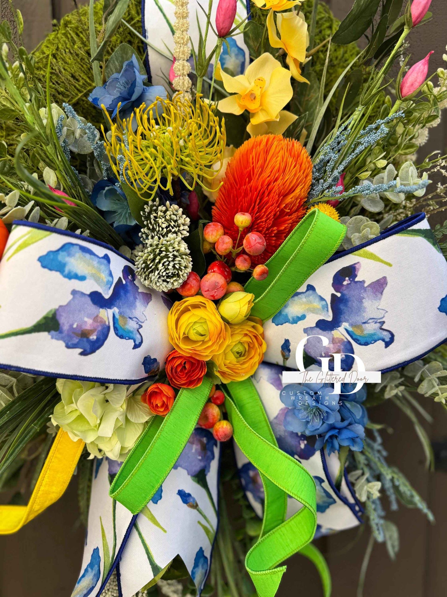 Bright Spring Moss Wreath for Front Door - Elegant Blue Floral Spring Designer Door Hanger