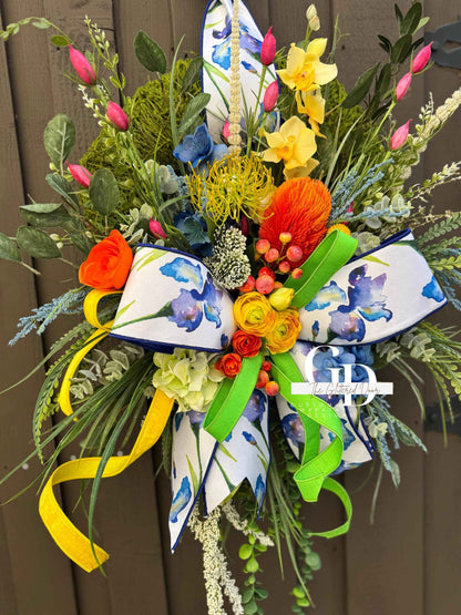 Bright Spring Moss Wreath for Front Door - Elegant Blue Floral Spring Designer Door Hanger
