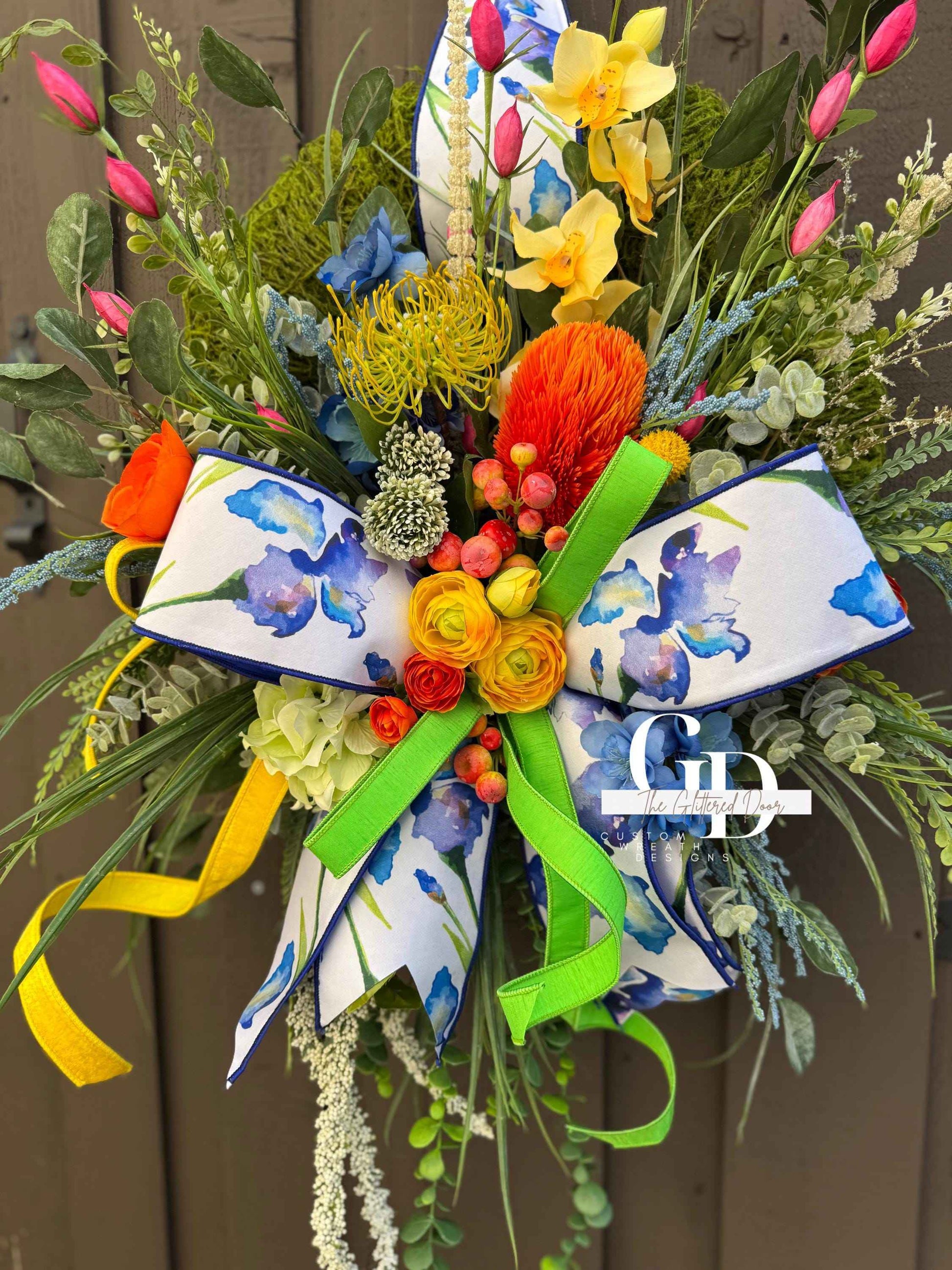 Bright Spring Moss Wreath for Front Door - Elegant Blue Floral Spring Designer Door Hanger