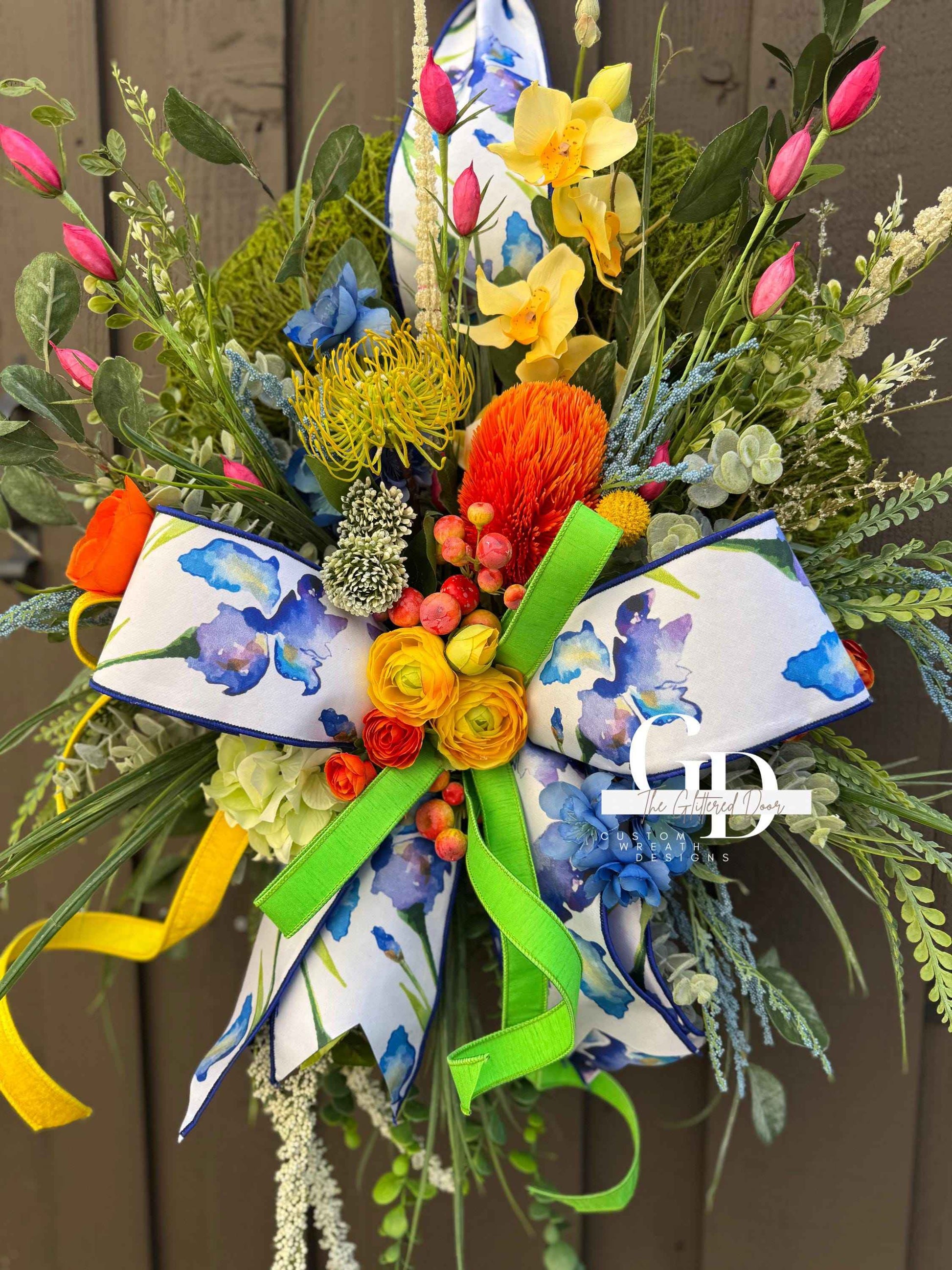Bright Spring Moss Wreath for Front Door - Elegant Blue Floral Spring Designer Door Hanger