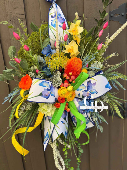 Bright Spring Moss Wreath for Front Door - Elegant Blue Floral Spring Designer Door Hanger