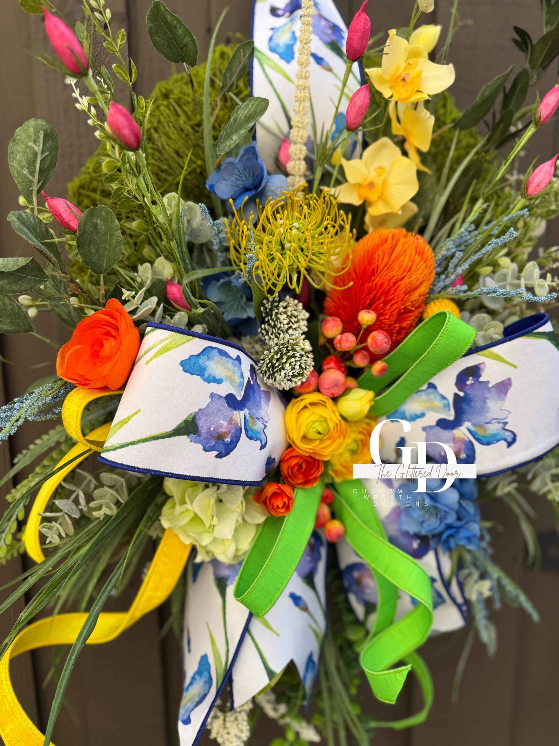 Bright Spring Moss Wreath for Front Door - Elegant Blue Floral Spring Designer Door Hanger