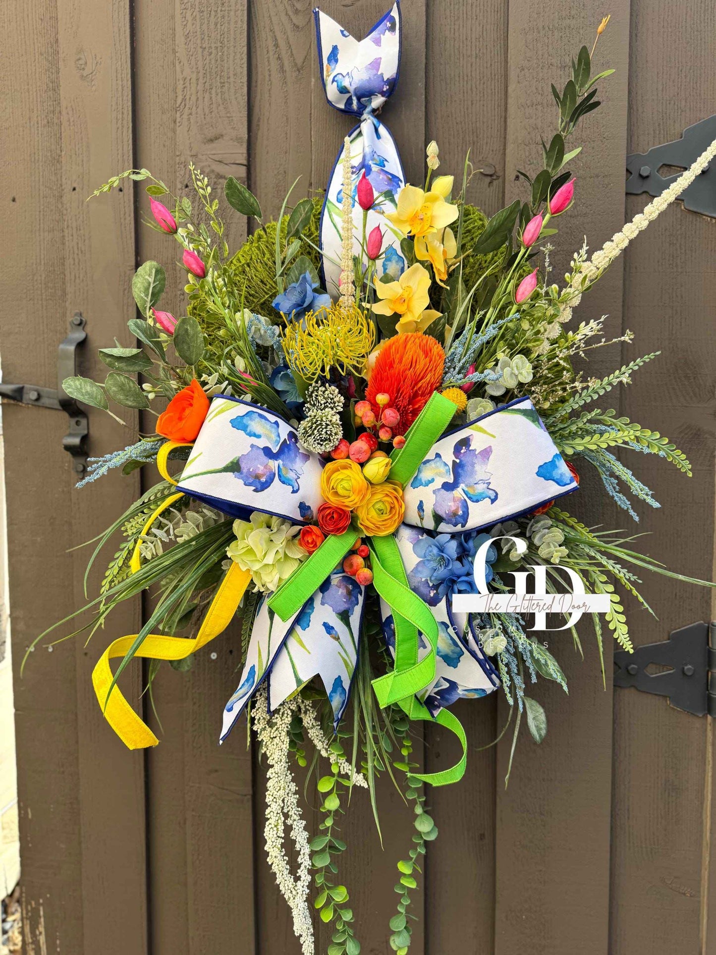 Bright Spring Moss Wreath for Front Door - Elegant Blue Floral Spring Designer Door Hanger